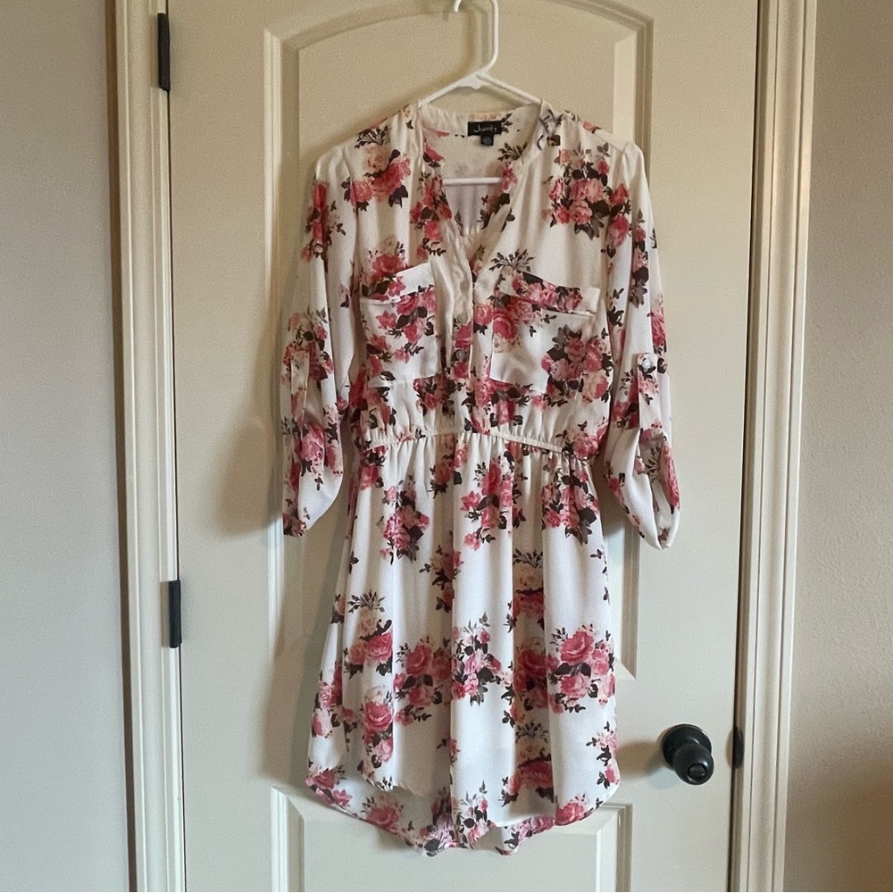 Justify sheer pink floral and cream dress. Shirt style